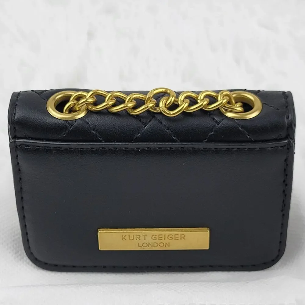 Designer Micro Mini Purse Black Quilted Brass Spell Out Crossbody Chain Bag New